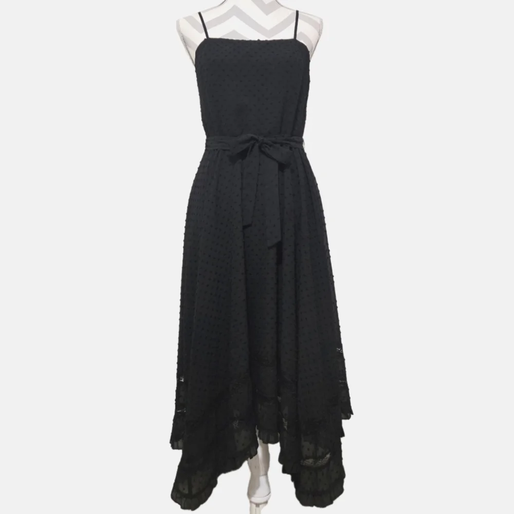 AQUA Black Midi Dress Swiss Dot Lace Inset Handkerchief Hem Tie Waist Small - Picture 1 of 15